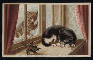 Gemberkat kijkt door een raam naar een andere slapende kat, kerstkaart