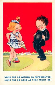 Meisje en jongen, goed en slecht (kleurenlitho) door English School