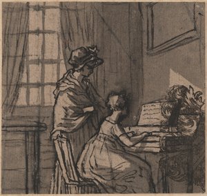 Meisje aan een klavecimbel, ca. 1800 (pen & was op papier) door English School