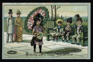Meisje met een grote parasol wandelend langs een boulevard aan zee, kerstwenskaart door English School