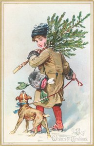 Meisje met hond die kerstboom draagt