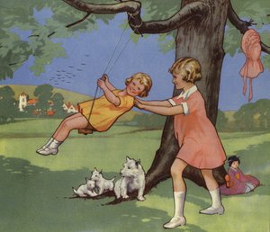Meisjes spelen op schommel in Engels platteland door English School