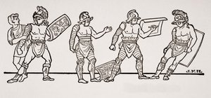 Gladiatoren, uit een muurschildering in Pompeii, illustratie uit The Outline of History door H.G. Wells, Volume I, gepubliceerd in 1820