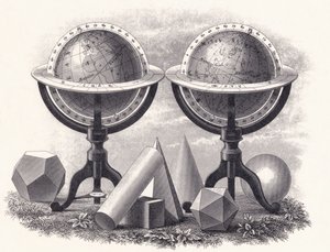 Globes van de aarde en de hemel met geometrische vormen