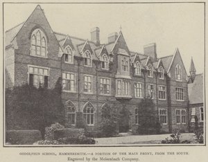 Godolphin School, Hammersmith, een deel van de voorgevel, vanaf het zuiden (gravure) door English School