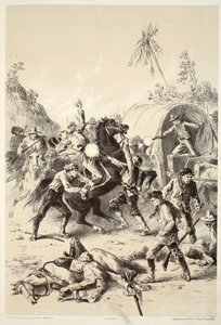 Goud-escorte aangevallen door Bush Rangers, uit The History of Australasia door David Blair, McGrady, Thomson, en Niven, 1879 door English School