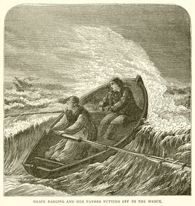 Grace Darling en haar vader vertrekken naar het wrak door English School