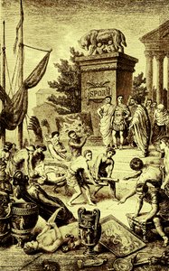 Griekse cultuur - standbeelden en kunstwerken naar Rome gebracht, illustratie uit The Illustrated History of the World, gepubliceerd ca. 1880 door English School
