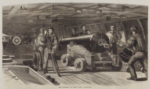 Schietoefening aan boord van HMS "Brilliant" (gravure) door English School