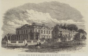 Gunton Hall, Norfolk, het landgoed van Lord Suffield, bezocht door de prins en prinses van Wales (gravure) door English School