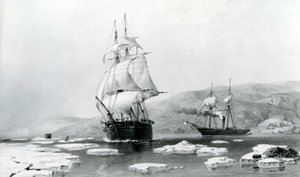 HMS Assistance en Pioneer breken uit de winterkwartieren in 1854 (lithografie) door English School