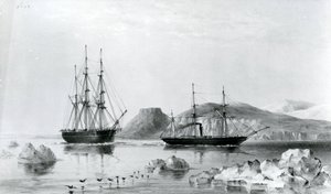 HMS Assistance in sleep van Pioneer langs John Harrow Mount, North Wellington Channel in 1853 (lithografie) door English School