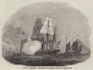 HMS "Reynard" vangt twee piratenjonken bij Hong Kong (gravure)