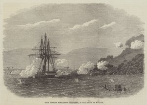 HMS Rinaldo bombardeert Salangore, in de Straat van Malakka door English School