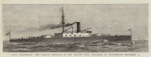 HMS "Trafalgar," het Grootste Pantserschip in de Britse Marine, te Water Gelaten in Portsmouth 20 September (gravure)