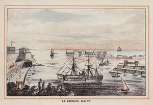 HM Indisch Troepenschip: Voor Anker, Malta (gekleurde gravure) door English School