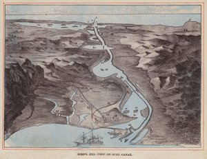 HM Indisch Troepenschip: Vogelvlucht van het Suezkanaal (gekleurde gravure) door English School