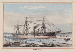 HM Indisch Troepenschip: Suezkanaal (gekleurde gravure)