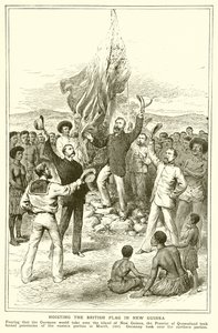 H. M. Chester, Magistraat van Queensland bij het Hijsen van de Britse Vlag in Nieuw-Guinea, maart 1883 door English School