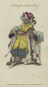 Kleding van een Indiaanse hoofdman (kleurgravure) door English School