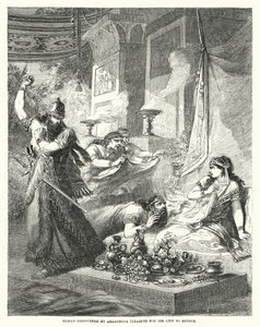 Haman ontdekt door Ahasveros terwijl hij om zijn leven smeekt bij Esther (gravure) door English School