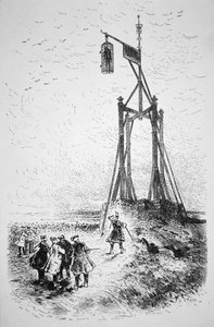 Een piraat ophangen in een kooi op hoog terrein met uitzicht op zee (gravure)