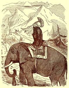 Hannibal steekt de Alpen over, illustratie uit De Komische Geschiedenis van Rome door Gilbert Abbott a Beckett, gepubliceerd ca. 1850