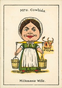 Gelukkige gezinnen: Mrs Cowhide, de vrouw van de melkboer (kleurenlitho)
