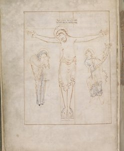 De Kruisiging; met de Maagd en St. Johannes die zijn getuigenis op een rol schrijft, uit de Ramsey Psalter, ca. 900-1000 door English School