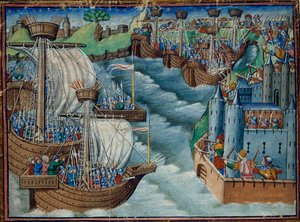 Christelijke vloot valt de haven van Gaeta in Italië aan, bezet door de Turken, uit De Drie Koningszonen, ca. 1500