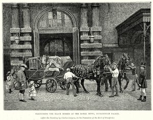 Het spannen van de zwarte paarden in de Royal Mews, Buckingham Palace (gravure) door English School