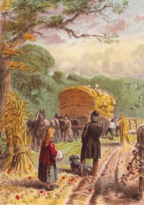 Oogsten in de velden (kleurenlitho)
