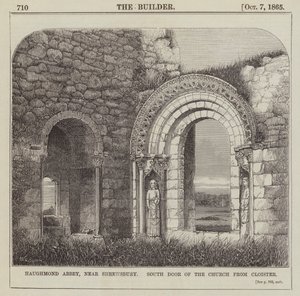 Haughmond Abbey, bij Shrewsbury, Zuiddeur van de Kerk vanuit het Klooster (gravure) door English School