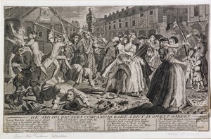 Hij en zijn dronken metgezellen veroorzaken een rel in Covent Garden, 1735