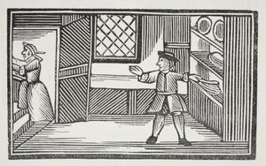 Hij ging naar de voorraadkast en hielp zichzelf aan brood en boter, illustratie uit Chap-books van de achttiende eeuw door John Ashton, uitgegeven 1882