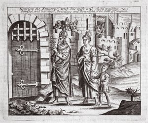 Henricus de Keizer met zijn vrouw en kind wachtend, blootsvoets en met blote benen, drie dagen en drie nachten bij de poorten van Canusuam, illustratie uit Handelingen en Monumenten van John Foxe, negende editie door English School
