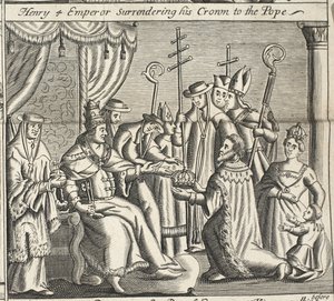 Hendrik IV keizer geeft zijn kroon over aan de paus, illustratie uit Handelingen en Monumenten van John Foxe, negende editie, uitgegeven 1684 door English School