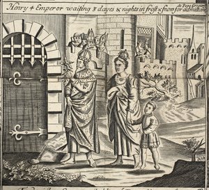Hendrik IV keizer wacht 3 dagen en nachten in vorst en sneeuw voor toelating tot paus Gregorius, illustratie uit Handelingen en Monumenten van John Foxe, negende editie, uitgegeven 1684