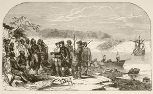 Henry Hudson biedt drank aan de Indianen in 1609 door English School