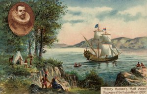 Het schip Half Moon van Henry Hudson ontdekt de Hudson-rivier, Noord-Amerika