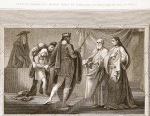 Hendrik IV vertrouwt prins James van Schotland toe aan zijn leraren, illustratie uit David Humes The History of England, uitgegeven door R. Bowyer, Londen, 1812 door English School