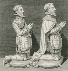 Henry Stuart, Lord Darnley en zijn broer Charles Stuart, Graaf van Lennox, knielend voor het graf van hun moeder in Westminster Abbey, gegraveerd door Andrew Birrell, 1796 door English School