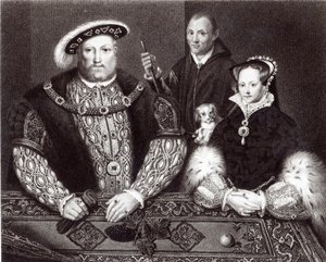 Hendrik VIII, zijn dochter Koningin Mary en Will Somers, naar een 16e-eeuws olieverfschilderij, postuum geschilderd, 1821 door English School