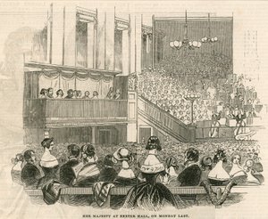 Hare Majesteit Koningin Victoria in Exeter Hall, Strand, Londen door English School
