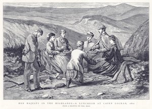 Hare Majesteit in de Hooglanden - Een Lunch bij Cairn Lochan, 1861 door English School