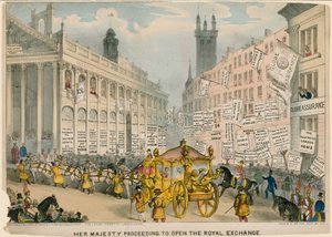 Hare Majesteit op weg om de Royal Exchange, Londen, te openen