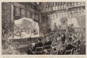 Hare Majesteit de Koningin en het koninklijk gezelschap bij de uitvoering van "Carmen" in de Waterloo-kamer in Windsor Castle (gravure) door English School