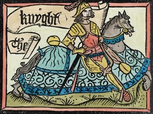 Hier begint het verhaal van de ridder, illustratie uit The Canterbury Tales door Geoffrey Chaucer (c.1345-1400) gedrukt door William Caxton (c.1422-91) 1434