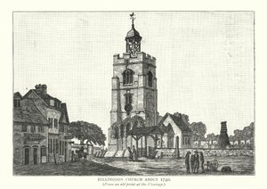 Hillingdon Kerk omstreeks 1740 (gravure)