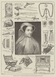 Historische relikwieën in de Stuart-tentoonstelling, in de New Gallery, Regent-Street